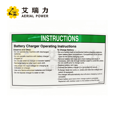 Cyfarwyddiadau Label Decal Gweithrediadau Gwefrydd Batri 72970 ar gyfer Genie